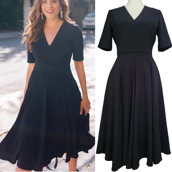 Gal Meets Glam Edith City Crepe Fit & Flare Classic Black Midi Dress Size 6 - Picture 1 of 13